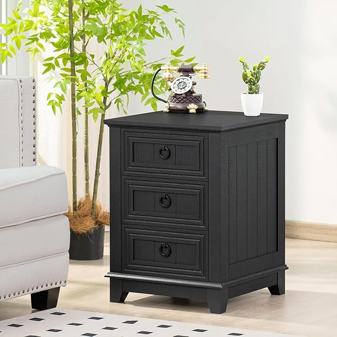 18" Night Stands Set of 2 with Charging Station, Farmhouse 2 & 3 Drawers End Table Dresser for Bedroom, Black Wooden Nightstand, Bed Side Table with Open Shelf, Bedside Cabinet for Living Room