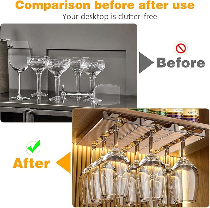 4 Pcs Wine Glass Holder Under Cabinet,Plastic Stemware Rack Punch-free Hanger Under Counter for Bar,Kitchen and Restaurant(Brown)
