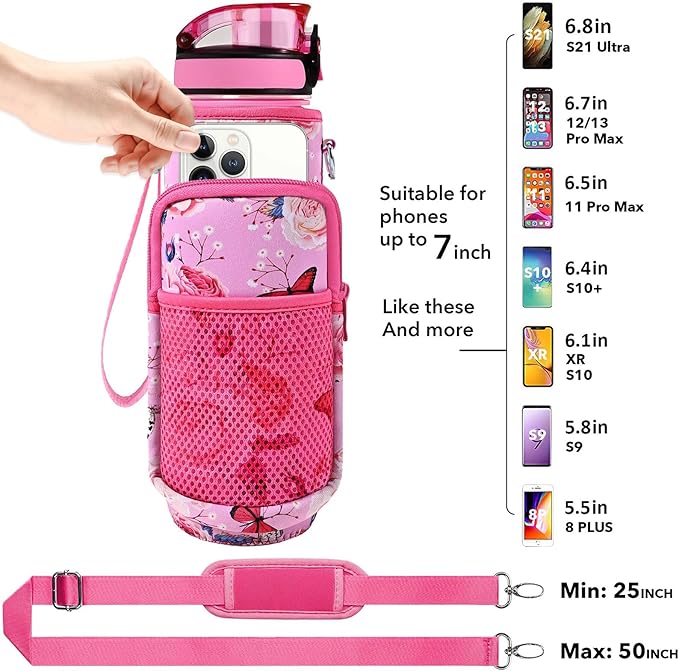 32 oz Water Bottles with Straw & Strap, Motivational Water Bottles with Times to Drink, BPA Free Reusable Sports Water Bottle with Sleeve Carrier for Gym, Workout or Fitness (Butterfly in Love)