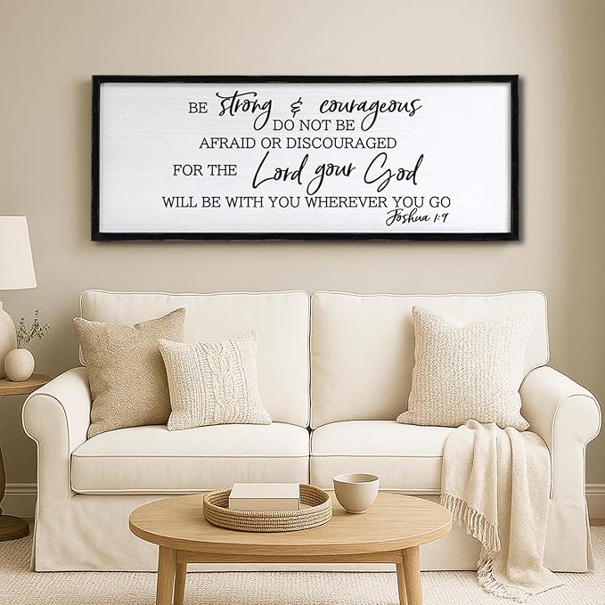 Be Strong And Courageous Sign Bible Verse Framed Wall Art, 32''×12'' Rustic Religious Christian Proverbs 3:5-6 Sign, Horizontal Holy Inspirational Catholic Scripture Decor