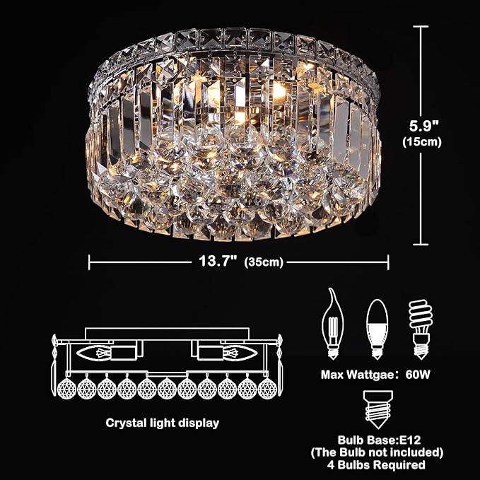 4-Light Crystal Flush Mount Chandelier Light Fixture with K9 Crystals Modern Ceiling Lights Elegant Pendant Lamp for Bedroom,Hallway,Bar,Living Room,Dining Room,H5.9 xW13.7(Bulbs Not Included)