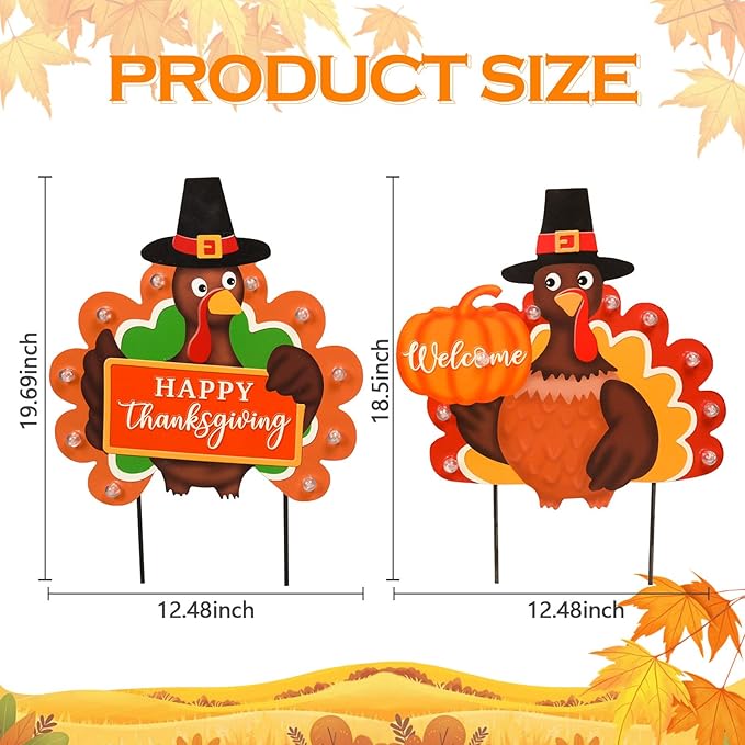 2 PCS Fall Decorations Outdoor Metal Happy Thanksgiving Decorative Garden Stakes with Led Light Welcome Pumpkin Turkey Yard Signs Fall Harvest Lawn Garden Lawn Pathway Decor