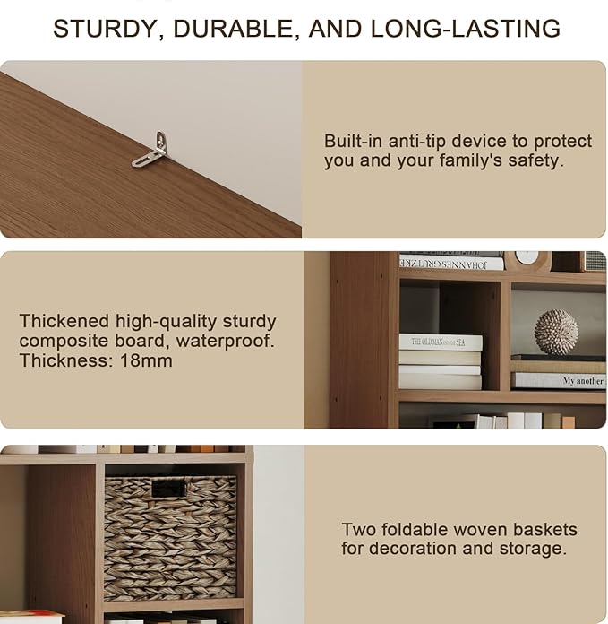 6-Tier Large Open Bookcase 71” Tall Sturdy Wooden Bookshelf with Baskets,Modern Style 16-Cube Home Display Shelf for Bedroom, Living Room（Oak Color）