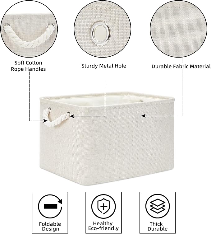 Bidtakay Baskets Collapsible Large Toy Storage Baskets for Organizing Set of 3 Closet Organizer Linen Cream Storage Bins 15 X 11 X 9.5 Inch Shelf Organizer Bins for Nursery Storage (Light Beige)