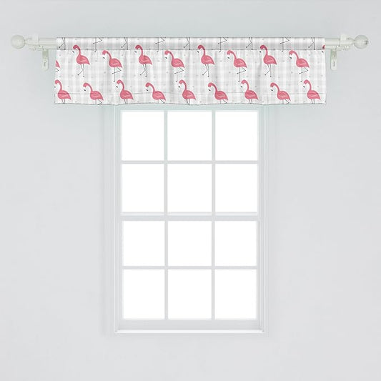Ambesonne Pink Flamingo Window Valance, Cartoon Birds on Pastel Colored Checkered Background Wild Nature, Curtain Valance for Kitchen Bedroom Decor with Rod Pocket, 42" x 12", Pale Grey Coral Black