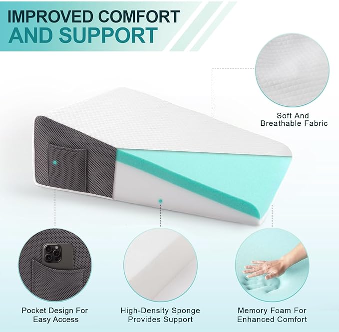 Bed Wedge Pillow for sleeping & Acid Reflux,7.5'' Memory Foam Triangle Wedge Pillow For Back Pain Relief, Leg, Neck Pain, Snoring, Bed Wedge Pillow Post Surger, Breathable Washable Pillowcase