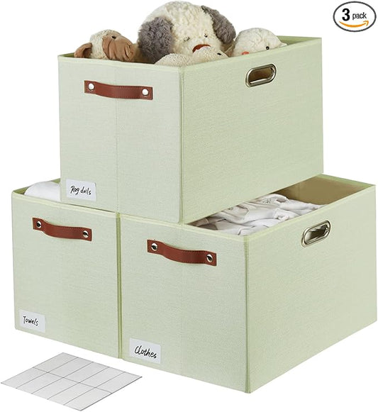 3-Pack Foldable Fabric Storage Bins with Durable PU & Metal Handles, Collapsible Storage Baskets for Shelves, Home Storage, Closet Organizers, Living Room(17"x11.8"x11.8", Sage Green)