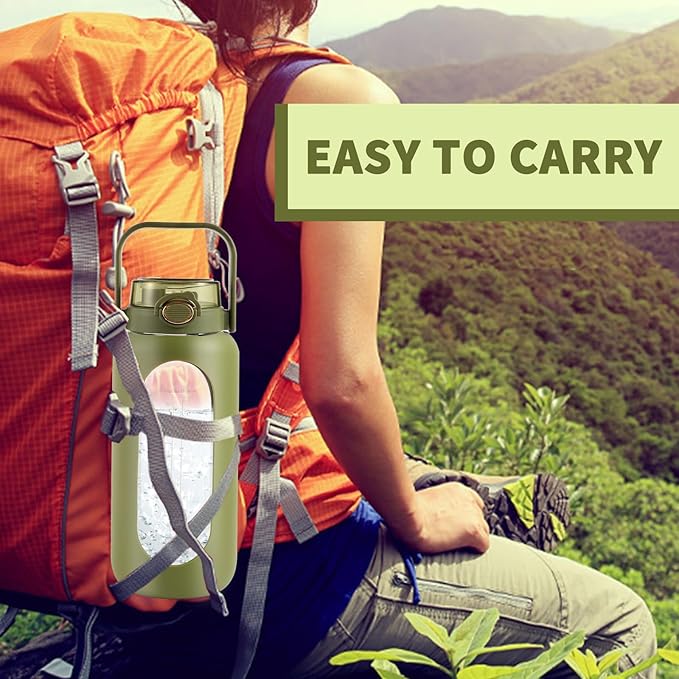 64oz Glass Water Bottle with Straw and Handle - Half Gallon Motivational Water Jug with Time Marker and Silicone Sleeve, Leak proof Wide Mouth Water Flask for Gym, Sports, and Daily Use (Green)