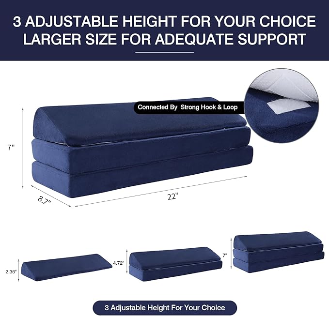 BALAPET 3-in-1 Adjustable Height Wedge Pillow, 7" Height Leg Knee Pillow for Side Sleepers & Aligns Spine, Supportive Bolster Pillow for Pregnancy Relieves Pressure Hip Leg Elevation, 22", Navy Blue