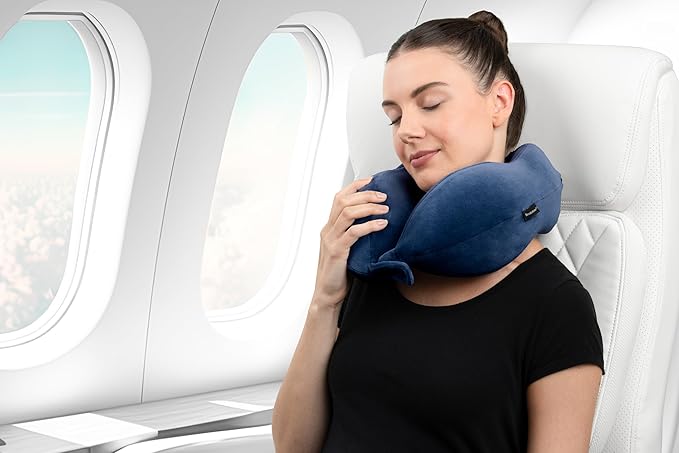 Brookstone Contoured Memory Foam Head and Neck Travel Pillow Ergonomic and Lightweight, Blue