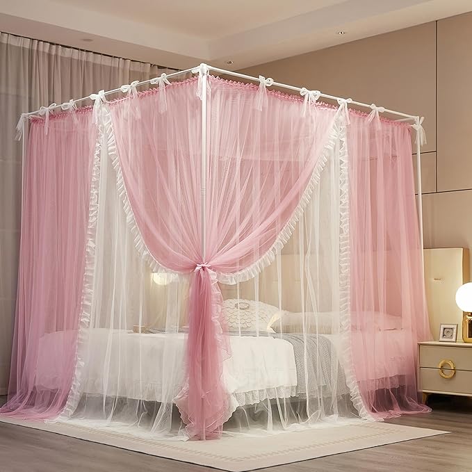 4 Corners Post Princess Curtain Bed Canopy Lace Up Double Layer 4 Opening Mosquito Net Mesh for Girls Bedroom Decoration(Pink/White, 53" W*78" L*82" H/Full)