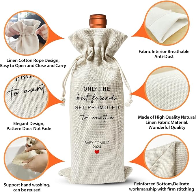 Baby Announcement Gift for Aunt, Becoming an Auntie Gift Wine Bag, Auntie to Be Gift, Get Promoted to New Auntie Gift for Best Friend BFF, Baby Shower or Party Decor, Baby Pregnancy Reveal Gift