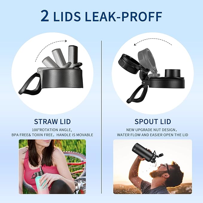 40 oz Insulated Water Bottle with Paracord Handles & Strap, 2 Lids(Straw Lid&Spout Lid), Stainless Steel Reusable Wide Mouth Metal Water Bottle With Straw, Double Walled, Thermo Mug(Dark Rainbow)