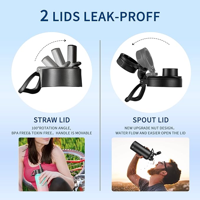 40 oz insulated Water Bottle with Paracord Handles & Strap, 2 Lids(Straw Lid&Spout Lid), Stainless Steel Reusable Wide Mouth Metal Water Bottle With Straw, Double Walled(Black)