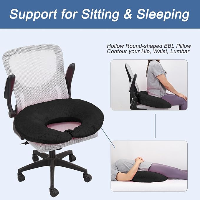 BBL Pillow After Surgery, BBL Pillow for Sitting Sleeping Driving, Hemorrhoid Pillow Seat Support Cushio for Butt with Hole, Butt Donut Pillow for Woman (Black)