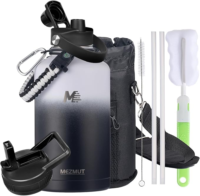 64oz Insulated Water Bottle with Paracord Handle,Half Gallon Water Bottle Jug with Straw & Spout Lids,Stainless Steel Sport Thermo Water Jug Leak-proof Keep Cold Hot for Outdoor Camping Hiking