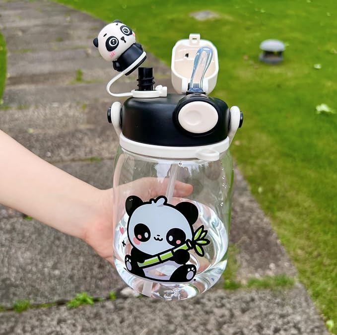 Black Leak-Proof Water Bottle with Flip Top BPA Free Reusable Plastic Drinking Bottle for School, Gym and Workout (Panda), Clear