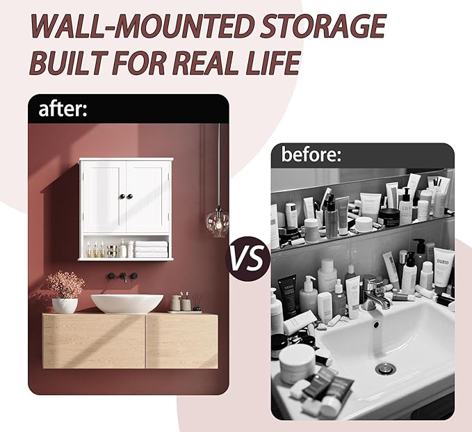 Bathroom Cabinet Wall-Mounted, White Storage Cabinets with Adjustable Shelves, Space-Saving Organizer with 2 Doors for Bathroom, Laundry, Kitchen - Moisture Resistant & Easy Install