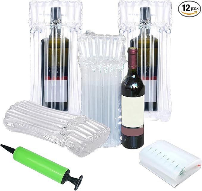 12 Packs Wine Bottle Travel Protector Bags, Inflatable Air Column Packaging Bubble Bag, Reusable Wine Bottle Protector,Wine Bottle Shipping & Packaging, Airplane Trave，with Free Inflator Pump.