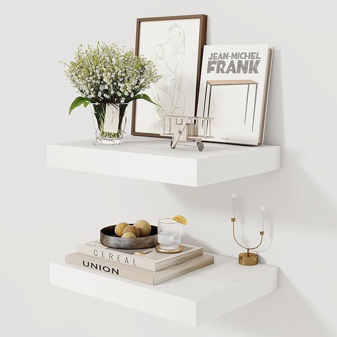 12 Inch Deep White Floating Shelves, 16 x 12 Floating Shelf for Books, Rustic Wood Deep Wall Shelves for Home Storage & Display, 2" Thicked Shelves for Kitchen, Living Room, Bedroom, 2 Pack