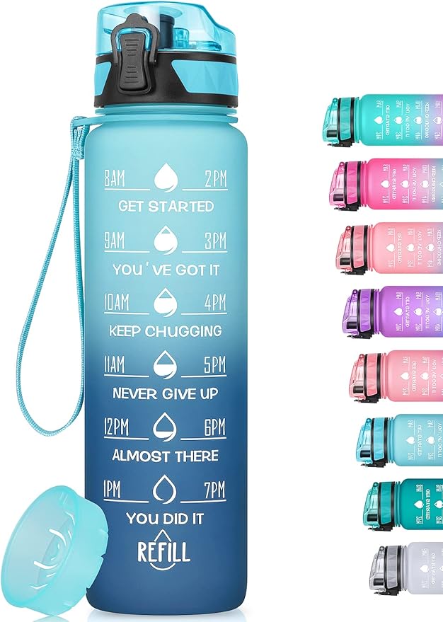 32oz/26oz Motivational Water Bottle with Time Marker & Fruit Strainer, Leak-proof BPA Free Non-Toxic 1l Bottle with Carrying Strap, Perfect for Fitness, Gym and Outdoor Sports, Plastic