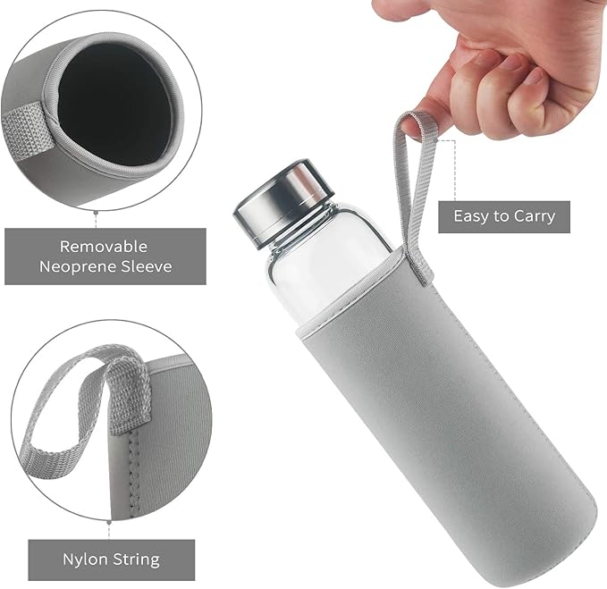 Borosilicate Glass Water Bottle, Sports Glass Drinking Bottle with Neoprene Sleeve and Stainless Steel Lid 16oz / 32oz