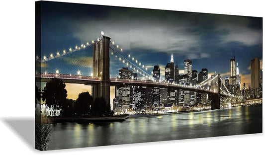 Brooklyn Bridge Canvas Wall Art: Skylines Lights & Reflections in New York Artwork for Decor