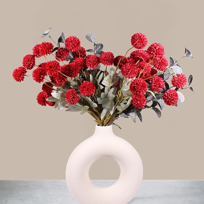 Burgundy Flowers, Maroon Artificial 10 Long Stems + Eucalyptus, Wine Colored Silk Flowers for Burgundy Decor, Fall Table Centerpieces, Dark Red Faux Mums, Thanksgiving Centerpieces For Tables