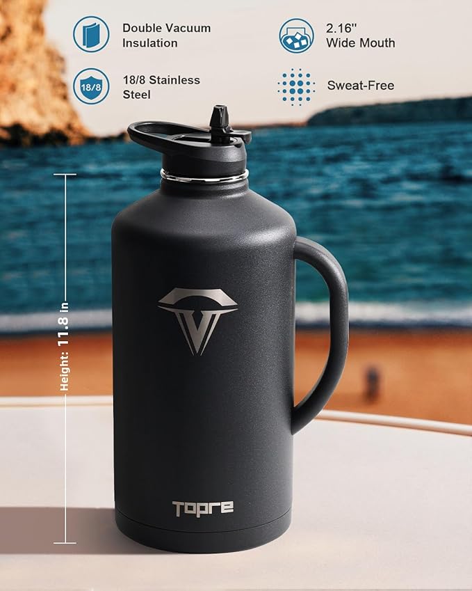 128 oz Insulated Water Bottle with Straw and Lid, One Gallon Stainless Steel Cup with Handle,Leakproof Metal Travel Jug Flask Mug Tumbler Cup With Carry Pouch and Brush,Keep Cold & Hot,Black