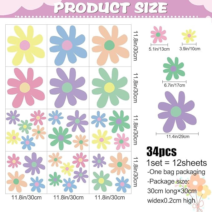 Amaonm 12 Sheets Large Daisy Wall Decals DIY Boho Sunflower Wall Stickers Peel and Stick Colorful ins Daisy Floral Wall Decor for Nursery Little Girls Teens Bedroom Living Room (12 Sheets of 34pcs)