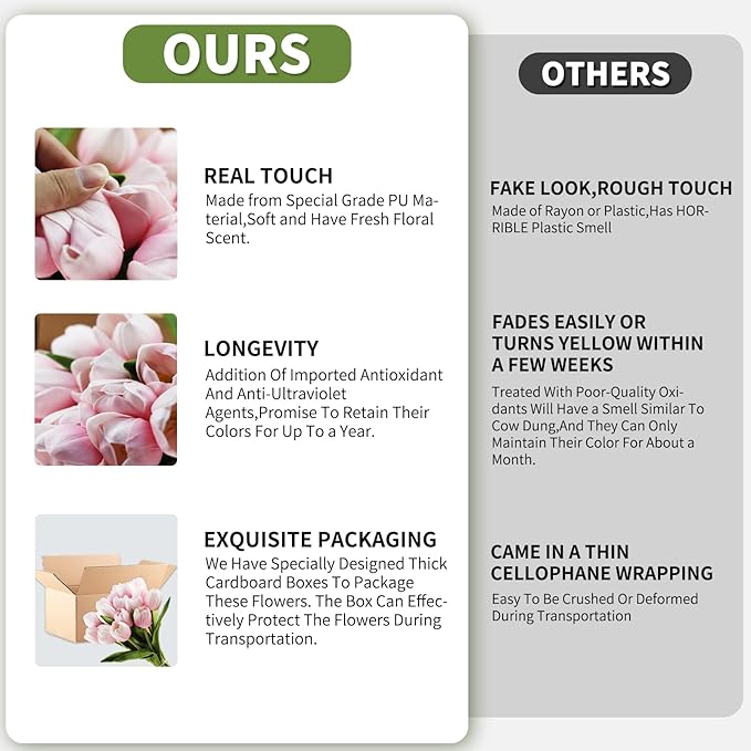 Buart Artificial Tulip in Bulk for Home Kitchen Wedding Bridal Bouquet,Fake Flowers for Valentine's Day Mother's Day Easter Table Centerpieces Decorations(Large Size,Pink,Real-Touch,12pcs)