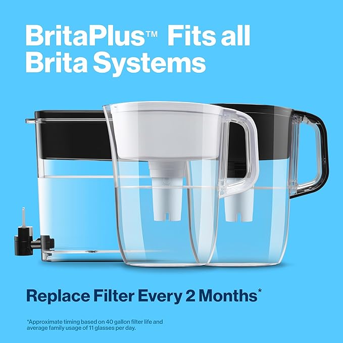 Brita Plus Water Filter, BPA-Free, High-Density Replacement Filter for Pitchers and Dispensers, Reduces 2x Contaminants*, Lasts Two Months or 40 Gallons, Includes 4 Filters
