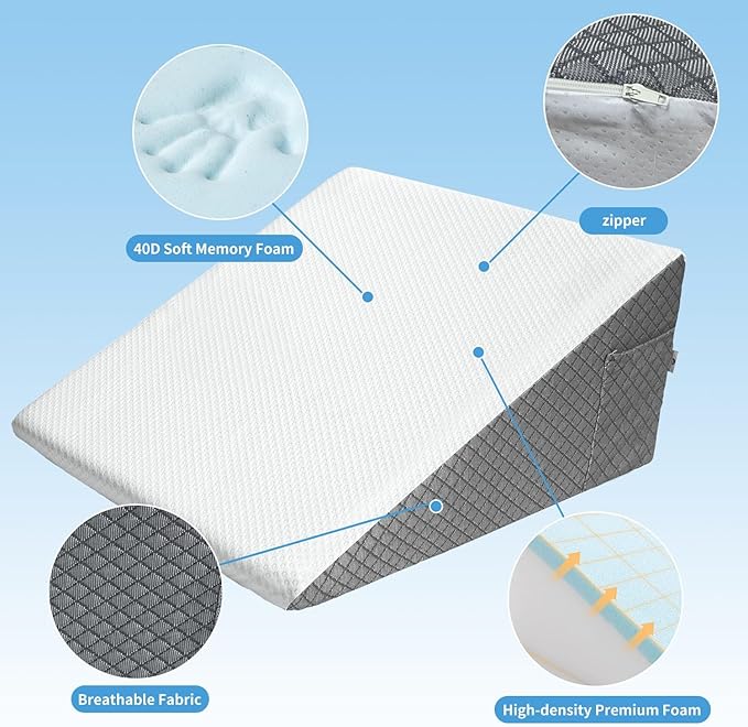 Bed Wedge Pillow with Memory Foam Top, Microfiber Cooling Triangle Elevated Pillow with Pocket,Wedge Pillow for Sleeping Acid Reflux Gerd Snoring Back Pain-10 inch