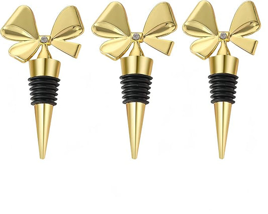 3 Pack Bowknot Wine Bottle Stoppers, Holiday Decor - zinc alloy Decorative Wine Stoppers - Wine Gift for Hostess - Cute Wine and Beverage Corker Bottle Sealers Women's Day gifts