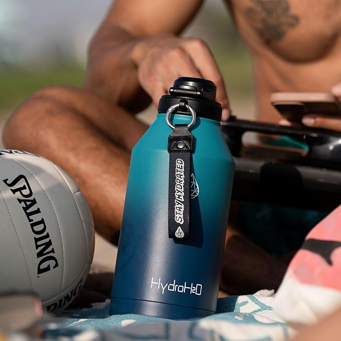 64 oz Insulated Water Bottle With Straw Pop-up & Auto Spout Lid, Flex Handel, Waterbottle Strap Carrier, Half Gallon Stainless Steel Water Hydro Jug Thermo Flask (Black)