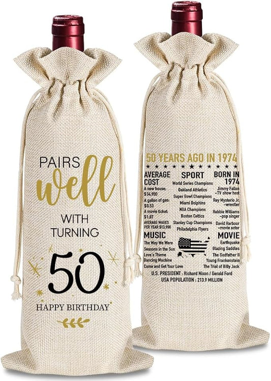 50th Birthday Gifts for Women Men, 50 Years Old Birthday Wine Bag Gifts, 50th Birthday Decorations, 1974 Birthday Gift, Happy 50th Birthday Party Wine Bag Gifts, Pairs Well With Turning 50