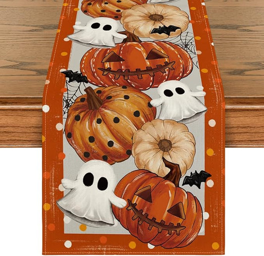 Artoid Mode Orange Jack-O'-Lantern Pumpkin Ghost Halloween Table Runner, Holiday Kitchen Dining Table Decoration for Home Party Decor 13 x 72 Inch