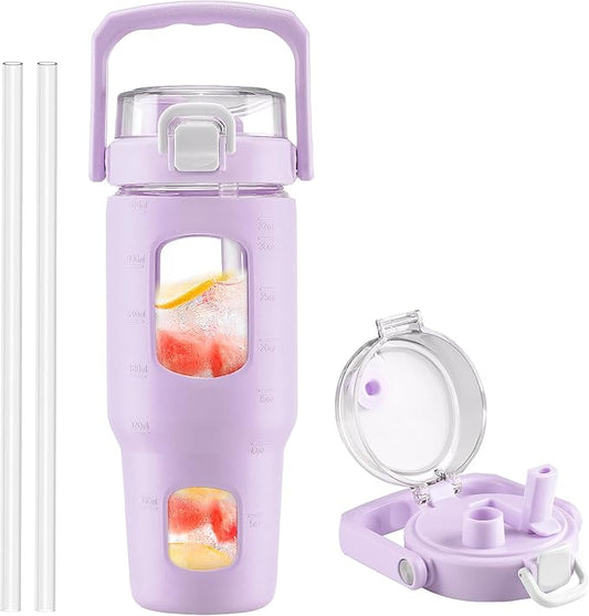 BLUEGO 32oz Glass Water Bottle with Handle and Straw|Leakproof Sports Glass Bottle with Time Marker and Silicone Sleeve|Glass Drinking Bottle for Travel, Gym, Workout, Purple