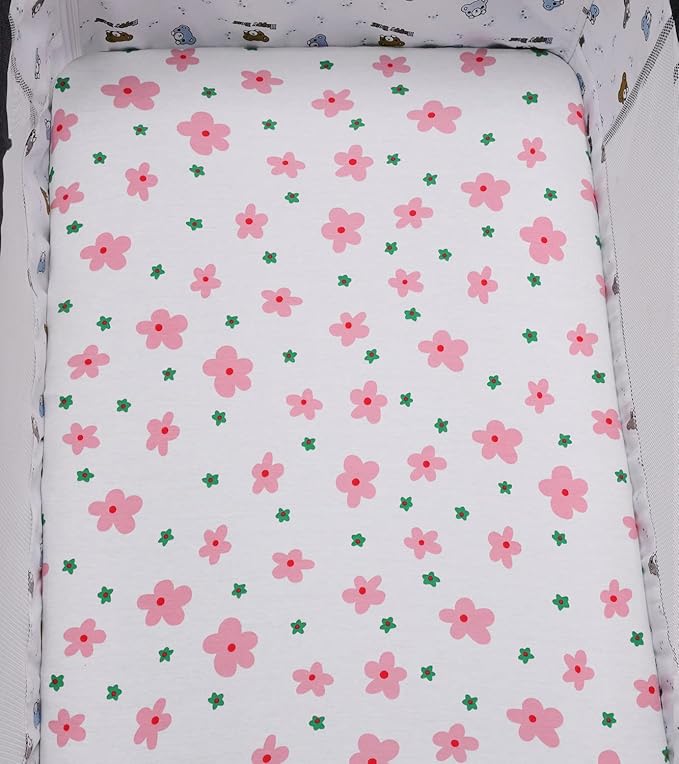 Bassinet Sheets Compatible with Chicco Lullago Anywhere & Baby Bjorn Cradle Bassinet, 2 Pack, 100% Jersey Knit Cotton 190GSM, Ultra Soft Breathable, Floral and Pink