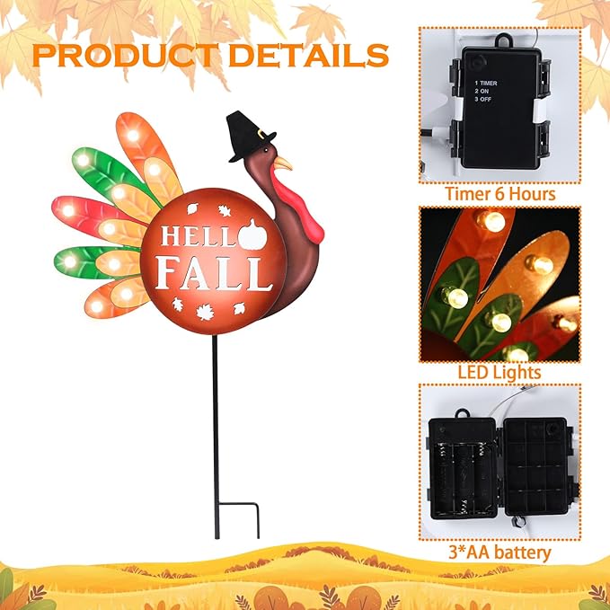 2 PCS Happy Fall Yard Signs Metal Thanksgiving Decorative Garden Stakes with Led Light Turkey Give Thanks Yard Stakes Fall Harvest Lawn Garden Lawn Pathway Decor