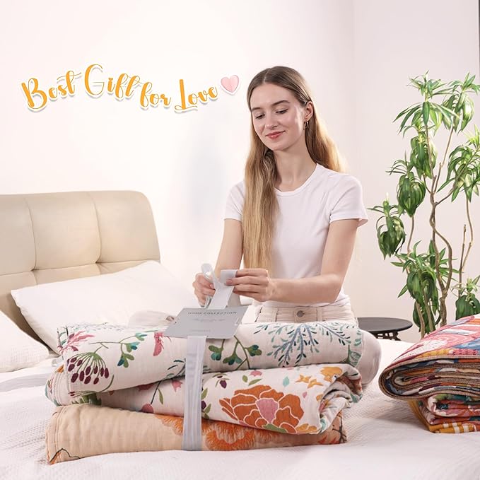 Boho Large Throw Blanket, 100% Organic Cotton Breathable Soft Bed Throw - Floral Bird Farmhouse Decor Blanket for Sofa Couch Chair Quilt and Gift. 60" x 80"- Colorful