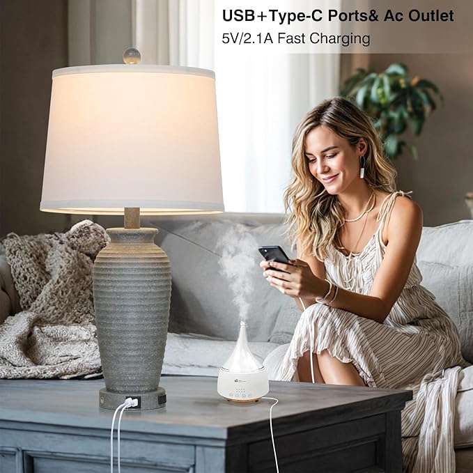 25" Grey Vintage Table Lamp Set of 2 Farmhouse Jar Table Lamps for Living Room，Touch Bedside Lamps with USB A+C Ports & AC Outlet, Pot Nightstand Lamps for Bedroom Living Room (LED Bulbs Included)