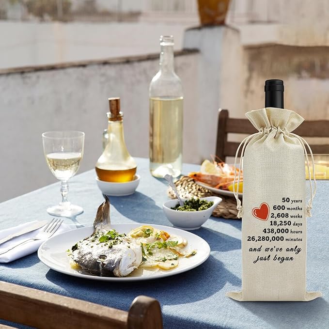 50th Year Marriage Gift for Couple Wife Husband Wine Bag 50th Anniversary Wedding Gift for Women Men Wine Gift Bag Birthday Christmas Valentine Gift for Him Her Drawstring Wine Wrapping Bag