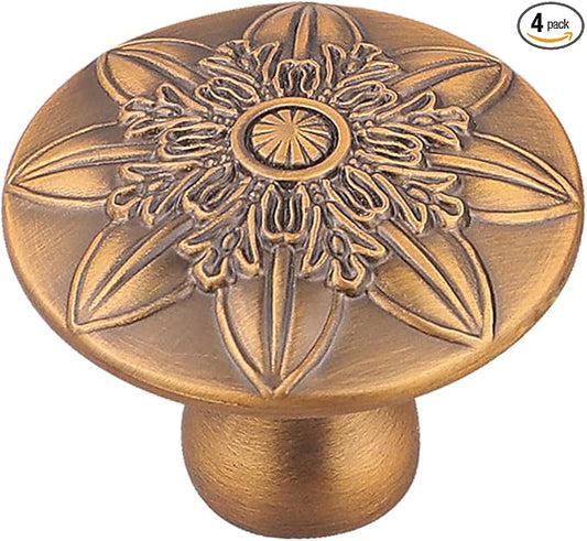 4 Pack Antique Brass Cabinet Hardware Knobs for Kitchen Cabinets,1-2/5" Round Antique Knobs for Dresser Drawers Vintage Brass Drawer Knobs Dresser Knobs