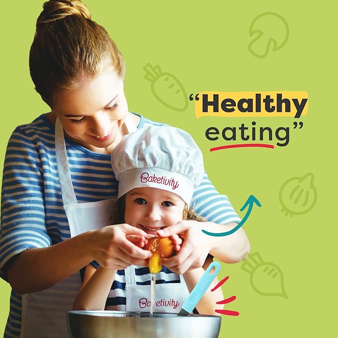 Baketivity Kids Cooking Set Real Utensils With Kitchen Tool Guide - Complete Junior Cooking Set Gift For Girls Or Boys With Mixing Bowls, Cutting Board, Knife, Apron - Kids Baking Set For Real Cooking