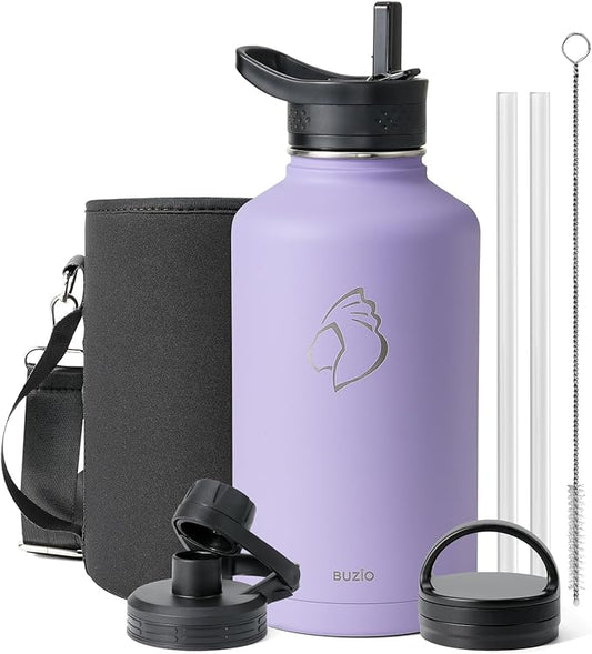 BUZIO Water Bottle with Straw lid, Spout Lid, Hand Lid and Carrying Pouch, 32oz 40oz 64oz Stainless Steel Water Flask Jug, Cold for 48 Hrs Hot for 24 Hrs Double Vacuum Thermo Canteen Mug, BPA-Free