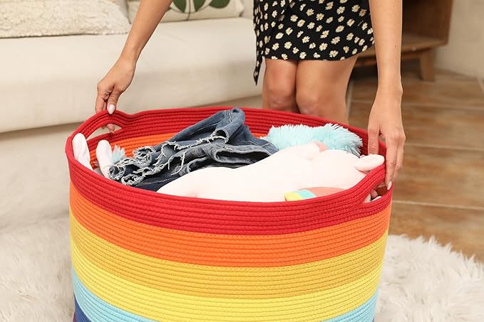 24" x 24" x 17" Max Size Large Cotton Rope Basket, Extra Large Storage Basket, Woven Laundry Hamper, Cloth Storage Bin, for Blankets Clothes Towels Pillows in Living Room, Rainbow