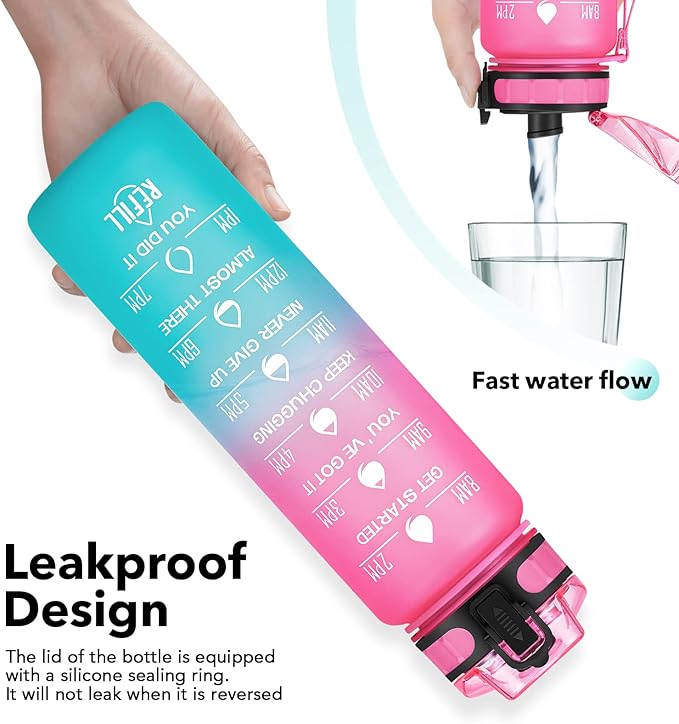 32oz Motivational Water Bottle with Time Marker & Fruit Strainer, Leak-proof BPA Free Non-Toxic 1l Bottle with Carrying Strap, Perfect for Fitness, Gym and Outdoor Sports (Ombre: Sorbet)
