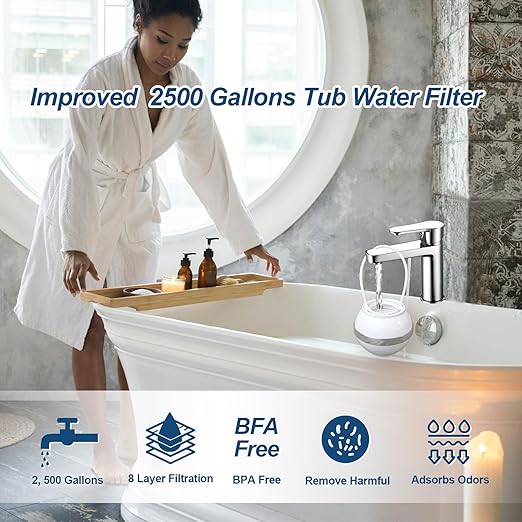 Bathtub Water Filter, Bath Ball Filter, Tub Filter for Bathtub, 8-Stage Bath Filter for Tub, 2500 Gallons of Filtration, Reduces Contaminants, Purify Bathwater for Healthier Hair&Skin, BPA Free