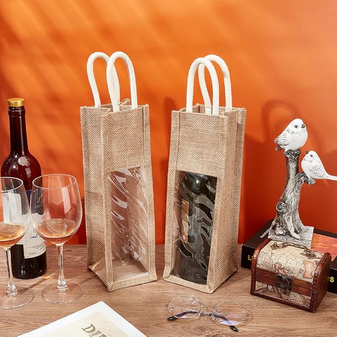 BENECREAT 2 Pack Burlap Wine Bottle Bags, Jute Wine Tote Gift Bag with Clear Window and Handle for Wedding Birthday Festivals Souvenir Packaging Wine Gift Packaging (Single Bottles)